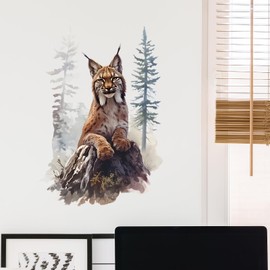 RoyoLam Lifelike Bobcat on Stump Wall Decal Nursery Animal Lynx Wall Sticker Removable Peel and Stick Wall Art Decor for Kid Baby Classroom Preschool Living Room Playroom Bedroom School