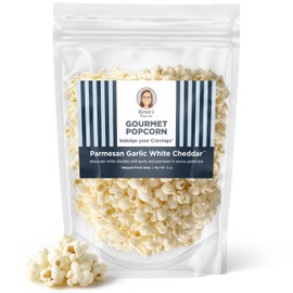 Renée’s Parmesan Garlic White Cheddar Cheese ™ Gourmet Popcorn - Wisconsin white cheddar cheese, classic parmesan with garlic spice is salty, crunchy, and savory small batch fresh popped corn, snack or gift – resealable, 5oz bag.