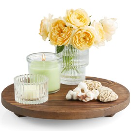 Round Decorative Tray Burnt Wood Pedestal Stand Farmhouse Bathroom Decor Kitchen Dish Soap Holder Wooden Riser for Vanity, Counter, Sink, 10" - Brown