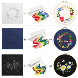 Full Range of Embroidery Starter Kit with Pattern, DIY Cross Stitch Set with Embroidery Hoop Coloured Thread Tools Instructions, Pack of 3, Type-A