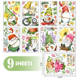 Mfault 9 Sheets Spring Gnomes Flowers Window Clings, Floral Daisy Tulip Lavender Glass Stickers Decals Decorations, Butterfly Mushroom Bicycle Swing Home Kitchen Decor