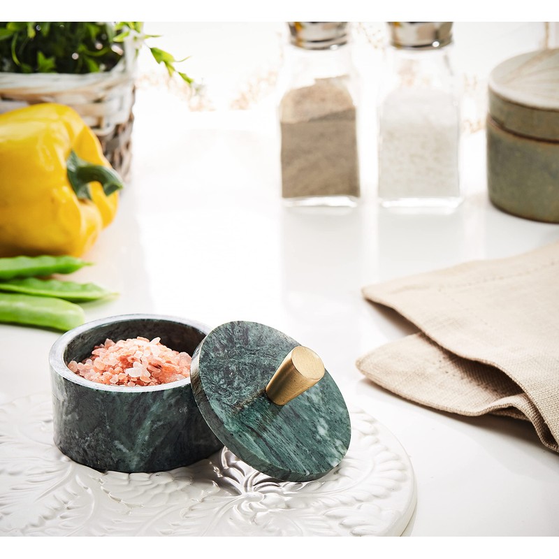 Queenza Marble Salt Cellar with Lid and Brass Knob (Green)