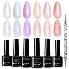 SUPWEE Pearl Gel Polish 6 Colors Shimmer Glitter Gel Nail Polish with Dotting Pen, Pearl White Pink Mermaid Nail Swirl Shell Thread Effect Soak Off UV Gel for Nail Art at Home Manicure Gift for Women