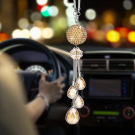 OTOSTAR Bling Crystal Ball and Drops Car Hanging Accessories, Car Rear View Mirror Pendant Charms Interior Sun Catcher Ornament, Bling Car Accessories for Women Girls (Champagne)