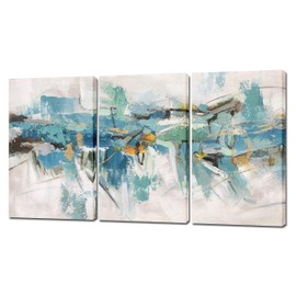 Yihui Arts 3 Piece Abstract Canvas Wall Art with Textured Light Blue Teal Color Painting Pictures Set with Gold Foil Artwork for Living Room Bedroom Bathroom Decor