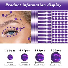 1799 Pcs 4 Sheets Rhinestone Stickers 3/4/5/6 mm Self Adhesive Rhinestones Gems for Face Eyes Makeup Hair Body (purple-3/4/5/6mm)