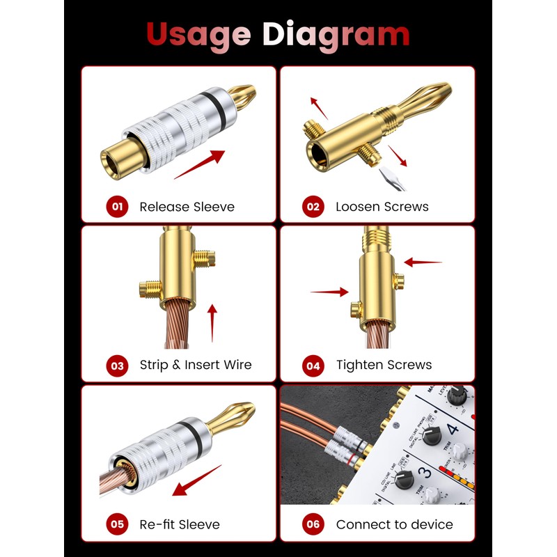 MOSWAG 5 Pairs Banana Plugs for Speaker Cable - 24K
