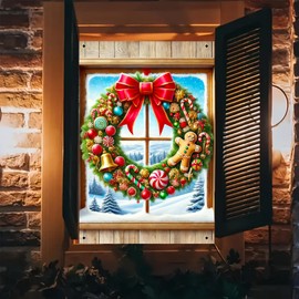 BlissYard Christmas Gingerbread Wreath Window Cover Decoration 31x47 Inch Polyester Holiday Window Banner Festive Scene for Home Decor Party Backdrop for Girls or Boys Gifts Decorations