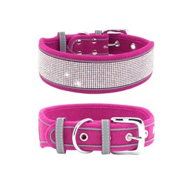 haoyueer Rhinestone Bling Soft Suede Reflective Dog Collar for Large Medium Dogs (S:12-15 inch, Hot Pink)