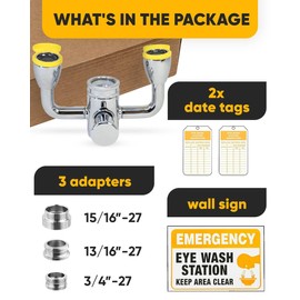 TidyFriend Eye Wash Kit Yellow - Push Style Eye Wash Units,Faucet Mounted Emergency Eye Wash Station - Continuous Flow Eyewash Station with Common Sink Adapters, Inspection Tags & Wall Sign