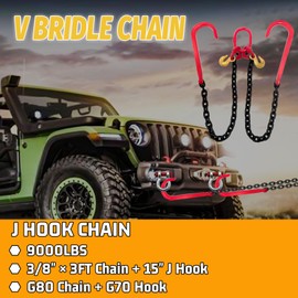SENKEYFE 3FT V Bridle Tow Chain G80-3/8 IN Transport Chain Link with 15 IN J Hooks and Grab Hooks 7100Lbs Working Load Limit Trailer Towing Chains Bridle Extension Car Hauler Trailer Equipment (Black)