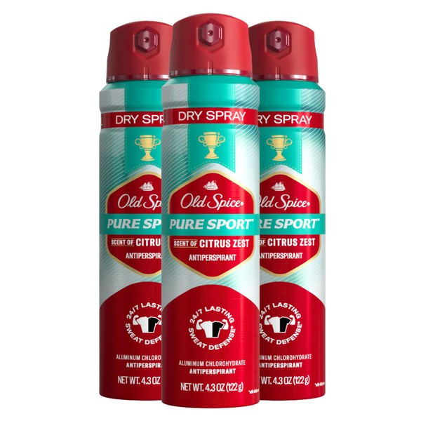Old Spice Men's Antiperspirant & Deodorant Invisible Dry Spray Pure Sport Plus 24/7 Odor Protection, 4.3oz (Pack of 3)