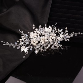 Teyglen Mujeres Dainty Crystal Flower Pearls Leaf Bride Wedding Hair Comb Diadema Piezas Para El Cabello Pedrería Cristales Nupcial Side Headpieces Para Mujeres Bride Girls Plata
