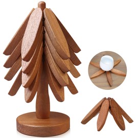 Set of 4 Wooden Christmas Tree Trivets - Foldable Hot Pot Table Protector - Elegant Holiday Kitchen Decor (Sapele Wood - 4 Piece)