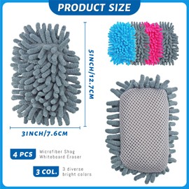 YETOOME 4 Pieces Microfiber Shag Whiteboard Eraser, Washable Microfiber Shag Dry Erase, White Board Eraser for Markers, Chalk, Home, Classroom and Office (Gray, Blue, Pink)