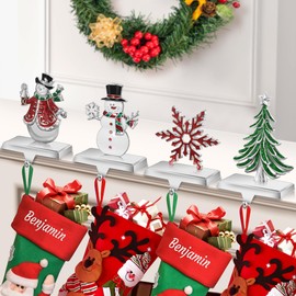 Loncaster Set of 4 Christmas Stocking Holders for Mantle, Christmas Tree Weighted Stocking Holder, Snowflakes Stocking Hangers for Mantle,Christmas Stocking Holder for Fireplace Christmas Decorations