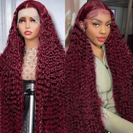 24 Inch 99J Lace Front Wig Human Hair 13 x 4 Deep Wave Human Hair Wig 180% Density 99J HD Lace Front Wig Burgundy Lace Front Wigs Human Hair Pre Plucked With Baby Hair For Women