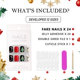 Christmas Press On Nails Short Square, 24Pcs Christmas Fake Nails Christmas Nail Accessories for Women Girls Red, Black White Nails with Christmas Lights, Candy Cane, Tree Designs