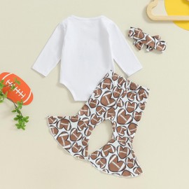 L&ieserram Baby Girls Romper 3Pcs Outfit Set Rugby Print Long Sleeve Crew Neck Jumpsuit Top Flare Pants Headband 0-18 Months Infant Clothes Set (White, 6-12 Months)