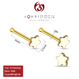 Forbidden Body Jewelry 20g Surgical Steel Star Top Nose Stud (2pcs Gold)