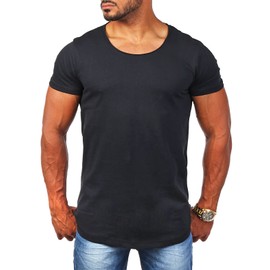Young & Rich 1702 Men's Plain T-Shirt with Deep Crew Neck Plain Bodycon Basic Tee Vintage Look, black