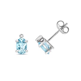 Pretty 9ct White Gold Ladies Diamond Stud Earrings Brilliant Cut H - PK with Aquamarine - 8mm*5mm WJS28469