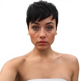 Short Haircut Women's Wigs, Real Hair Wig for Women, Short Pixie Wig, Brazilian Virgin Hair Wig, for Daily Wear (Black)
