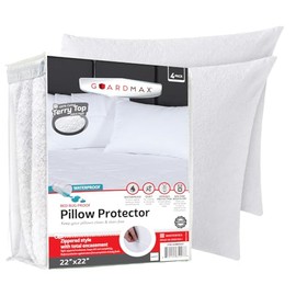 Guardmax Terry Cotton Waterproof 22x22 Size - Zippered Bed Bug Pillow Protector 4 Pack - Hypoallergenic Pillow Case Cover Protects from Bedbug, Dust Mite, and Liquid Spills