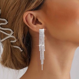 Cimenexe Bohemian Crystal Tennis Dangle Earrings Silver Cz Chandelier Drop Earrings Cluster Rhinestone Chain Earrings Long Tennis Chain Earrings Jewelry for Women Gifts