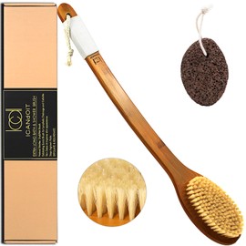 ICANdOIT-19.68Inch Natural Boar Bristles Anti-Slip Extra Long Handle Bath Brush,Bent Handle Shower Scrubber for Exfoliating,Shower Back Brush,Exfoliation Set with Pumice Stone (1 Pack)