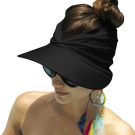 Sombrero con Visera De ala Ancha para Mujer, Sombreros para El Sol De Verano UPF 50+, Protección UV, Sombreros De Playa, Visera De Golf Plegable para Mujer, Gorra De Playa con Cola De Caballo (Negro)