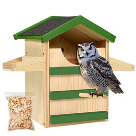 Screech Owl House, Wooden Owl Nesting Box with Bird Stand, Large Opening, Mounting Screws, and Wood Shavings for Outside Backyard