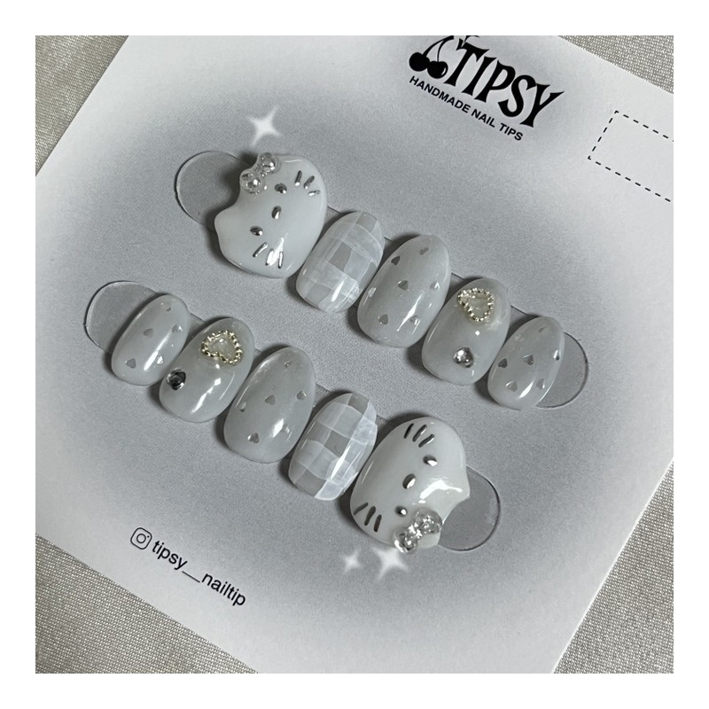 Silver Garo Kitty Handmade Nail Tips - Long Almond /