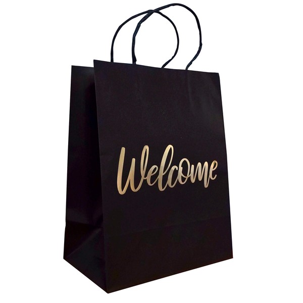 Wedding Welcome Bags - 24-Count Black/White Elegant Kraft Paper Gift Bags with ‘’Welcome’’ Embossed and Printed in Silver/Gold Foil - 4.75" x 8" x 10.25" Inches (Black with Gold Lettering)