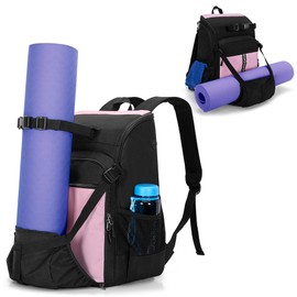 GOBUROS Yoga Mat Bag with Mat Holder for Women and Men Yoga Mat Carrier Backpack with Charging Port and Padded Shoulder Straps for Yoga, Gym, Pilates, Black and Pink