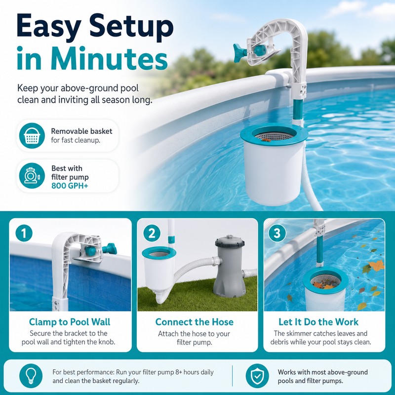 Wall-Mounted Pool Surface Skimmer for Above-Ground Pools – Automatic Leaf
