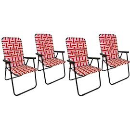 EasyGo Product Lawn Chair Folding Steel Webbing Chaise Patio Lounger Seat Wood Handles for Camping, Beach, Fishing, Backyard, Stadium, Pool, Boating, and Sports, 4 Pack, Red