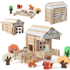 BESTAMTOY 75 PCS Wooden Log Cabin Set Building House Toy for Toddlers, Best Retro Building Gift Set for Boys/Girls Classical STEM Construction Kit Compatible for 3+ Kids