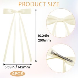 YALOJE 4pcs Large Bows Hair Clip, Long Tail Bow Hair Barrette Alligator Clip, Non-Slip Satin Ribbon Bowknot French Hairstylist Accessories for Women Daily, Weddings, Parties - Beige