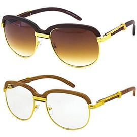Elite WOOD Art Clear Lens Eyeglasses Unisex Vintage Fashion Aviator Oval Sunglasses (2 PACK: Brown and Brown Clear)