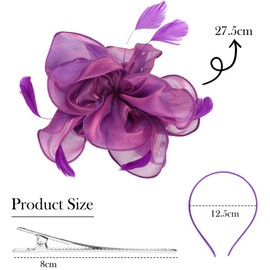 Alaoo Ladies Fascinator-Hat, Mesh Flower Feather Fascinator-Headband, Women Fascinating-Hats, Party Costume Headwear for Wedding, Tea Party, Cocktail Race, Valentine's Day (Flowers-Purple)