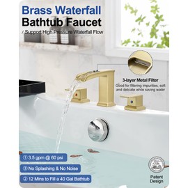 HOIGY Roman Bathtub Faucet Deck Mount 3 Hole, Brass Waterfall Faucet for Bathtub 6-16 Inch, Brushed Gold Tub Faucet Set 2 Handle, High Flow Widespread Bathtub Faucets with Water Hoses for Hotel