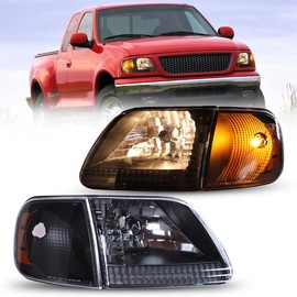 Winjet Headlight Assembly Fit For [1997-2004 Ford F-150 Pickup], Head Lamps Replacement For [1997-1999 Ford F-250], A Pair Front Lamps For [1997-2002 Ford Expedition] (Black Housing Clear Lens)