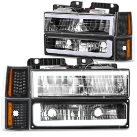DNA MOTORING C Style LED DRL Headlight+Bumper Signal+Corner Lamps Set Compatible with 92-99 Chevy GMC C/K 1500 2500 Suburban Yukon,Black/Amber, HL-LB2-8P-C10-3G-BK-AM
