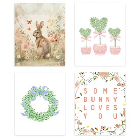 Qabliqo Easter Wall Decor, Pink Chinoiserie Floral Bunny Wall Art Prints Set of 4, Easter Bunny Decor, Easter Wall Decor for Home Bedroom Living Room, Grandmillennial Home Decor, 8x10 Inches Unframed