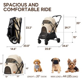 【One-Pull Open Ver.】 PETTENA Dog Stroller for 2 Dogs, One-Touch Foldable Dog Stroller for Small/Medium Dogs Cats up to 44 Lbs, Khaki