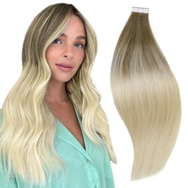 RUNATURE Balayage Tape Extensions Real Hair Brown Blonde 55 cm Long Extension Real Hair Tapes Invisible 20 Pieces 50 g Glue in Extensions Real Hair Seamless Hair Thickening Ombre Blonde Colour #BA8/60