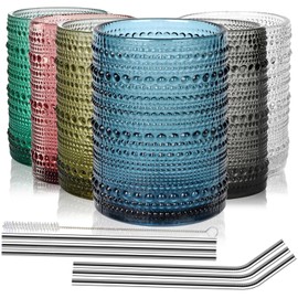 WYIPOLZI 15 oz Hobnail Drinking Glasses Set of 6, Embossed Glass Tumblers Highball Glasses Cups Colored Vintage Glassware Set for for Juice, Beer, Cocktail and Various Mixed Drinks