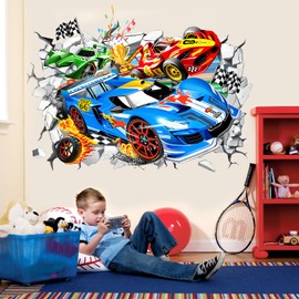 wondever Large 3D Racing Car Wall Stickers Vehicles Break Through Peel and Stick Wall Art Decals for Boys Room Kids Bedroom Playroom