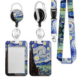Starry Night Van Gogh Badge Holder Plastic Case with Retractable Badge Reel Carabiner Clip and Detachable Lanyard Strap Fashionable Vertical Card Protector for Women Nurse Teacher Student